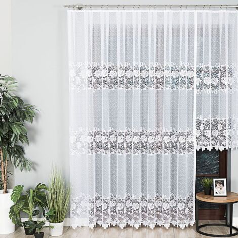 Devola Tenda in jacquard trasparente con motivo floreale, da bistrò, da cucina con motivo onde, design moderno, tenda corta, 100 x 60 cm, bianca, confezione da 1 pezzo