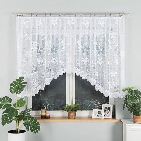 Tenda Jacquard Effetto Pizzo Motivo Floreale 300x175 Cm: Tenda Trasparente In Poliestere Con Nastro Arricciato, Bianco