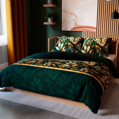 Completo letto SELVA Green 220x200 cm - raso di cotone, fantasia tropicale