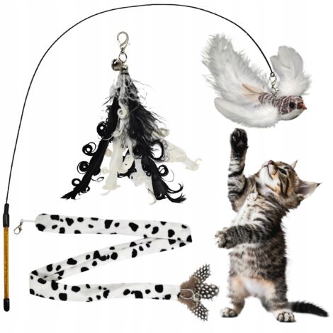 Canna da pesca per gatti, 3 giocattoli intercambiabili con campanello, uccello, piume, coda SET
