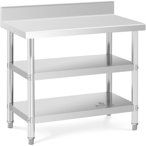 Tavolo da lavoro a parete in acciaio inox con bordo e 2 ripiani 100 x 60 cm (1/5)