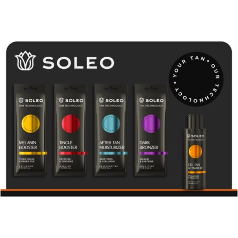 Espositore Soleo con spazio per una bottiglia di attivatore di abbronzatura in gel e bustine (4 ganci neri)