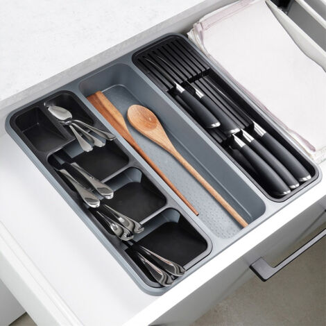 Portaposate Regolabile Per Cassetto – Organizzatore In Plastica Grigia 31,5x23,5x6,3 Cm – Con Scomparti E Vassoio Estraibile Per Cucina - 3