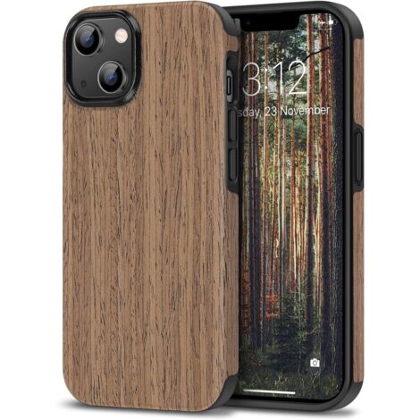 PRATICA CUSTODIA IN VETRO CON SCHERMO, RESISTENTE PER IPHONE 14 Plus 6.7', COLORE MARRONE LEGNO (1/5)