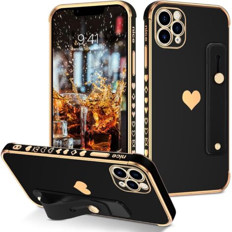 CUSTODIA NERA PER IPHONE 12 PRO 6.1' CORNICE A CUORE DORATO + SUPPORTO A2341 A2406 (1/5)