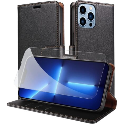 SET DI CUSTODIE FLIP NERE PER IPHONE 13 PRO MAX IN PELLE PU E VETRO TEMPERATO (1/5)
