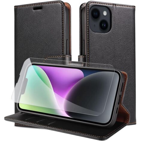 SET CUSTODIA FLIP PER APPLE IPHONE 14 IN PELLE PU NERA + VETRO TEMPERATO (1/5)