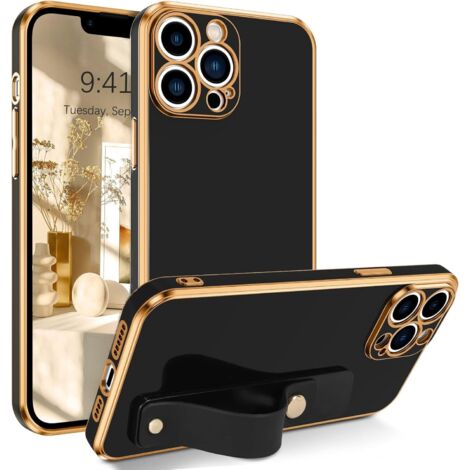 CUSTODIA PER APPLE IPHONE 13 PRO MAX IN SILICONE NERO ORO SUPPORTO (1/5)