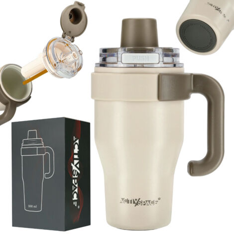 Tazza termica con manico in cannuccia per caffè o tè, antigoccia, 800 ml - beige (1/5)