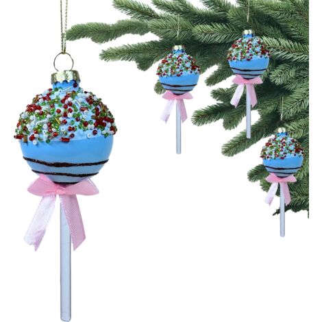 Pallina di vetro a forma di cake pop blu con granelli, lecca lecca biscotto 13x5x5 cm (1/5)