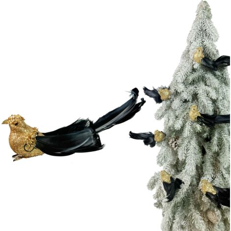 Decorazione a clip - Uccello color champagne con piume nere naturali, decorato con glitter, 17 cm (1/5)