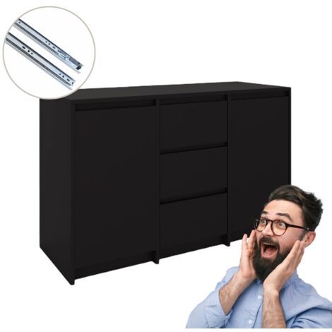 Cassettiera con 3 cassetti e 2 ante senza maniglia nera 120 x 75,2 x 43 cm