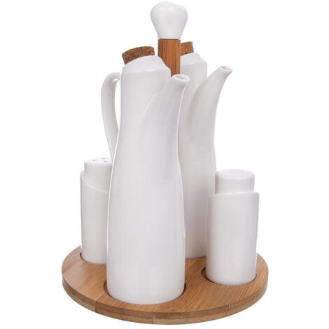 Saliera, pepiera, bottiglie per olio e aceto, porcellana, con supporto, WHITELINE, 5 pezzi. (1/5)
