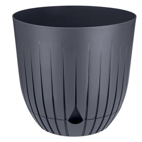 Vaso da fiori in plastica BRITTA con sottovaso, misura 2, diametro 16 cm, motivo scanalato e rigato, plastica, antracite, opaco (1/4)