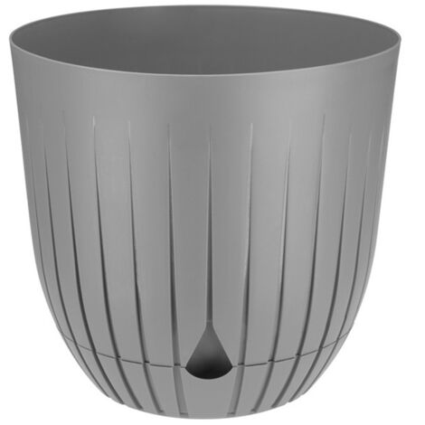 Vaso da fiori in plastica BRITTA con sottovaso, misura 3, diametro 21 cm, motivo scanalato e rigato, plastica, grigio chiaro, opaco