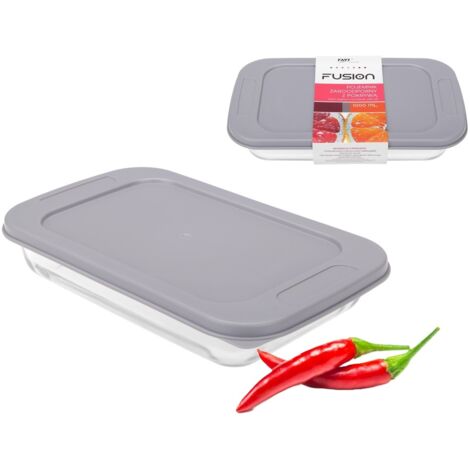 Contenitore in vetro resistente al calore, trasparente, rettangolare, insalatiera con coperchio grigio per alimenti, FUSION art. n. 81458 1000 ml (1/3)