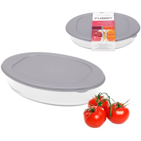 Contenitore in vetro resistente al calore, trasparente, ovale, insalatiera con coperchio grigio per alimenti, FUSION art. n. 81460, 1600 ml