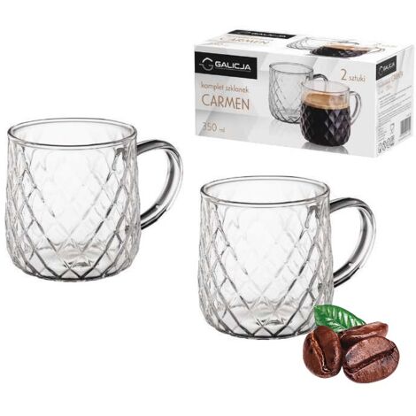 Set bicchieri CARMEN 350 ml 2 pezzi in vetro borosilicato per caffè e tè motivo geometrico a rombi in rilievo