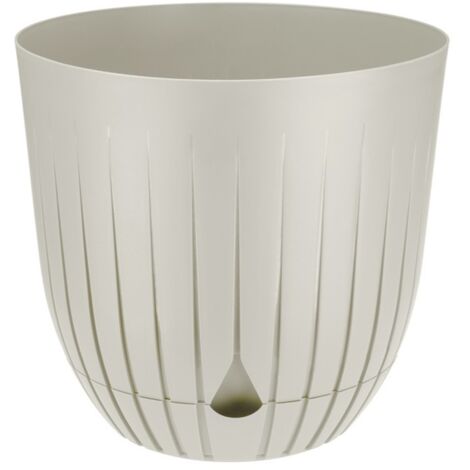 Vaso da fiori in plastica BRITTA con sottovaso, misura 4, diametro 26 cm, motivo a righe e scanalature, plastica, crema, lino, opaco