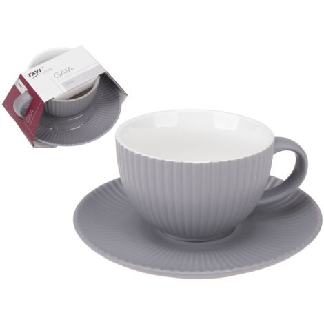 Tazza e piattino in porcellana New Bone GAIA da 170 ml, motivo a righe convesse e scanalate, grigio opaco