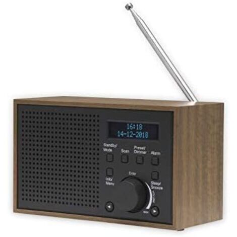 Radio digitale Dab+ e FM. DENVER DAB-46 Grigio Scuro. Orologio, sveglia e allarme. Funziona sia con la batteria che con la corrente. Uscita audio 2W. Finitura del legno. (1/5)