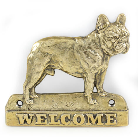 Bulldog francese - cartello porta con un cane, targa di benvenuto in ottone, cartello unico con la parola Welcome di Art-Dog