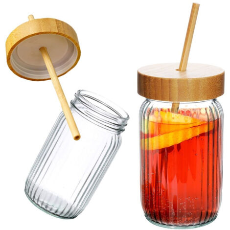 Tazza Barattolo per Bevande Acqua Limonata Succo Bevande con Cannuccia (1/5)