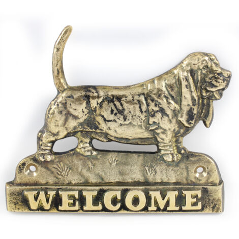 Basset Hound - cartello porta con un cane, targa di benvenuto in ottone, cartello unico con la scritta Welcome di Art-Dog