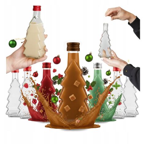 10x BOTTIGLIE DI VETRO DI NATALE ALBERO DI NATALE 250ml PER LIQUORI, REGALO, VINO (1/5)