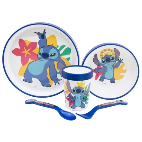 Setde stoviglie antiscivolo riutilizzabili per bambini con base de silicone bicolore de composto da piatto, ciotola, bicchiere e posate in scatola  Stitch (1/3)