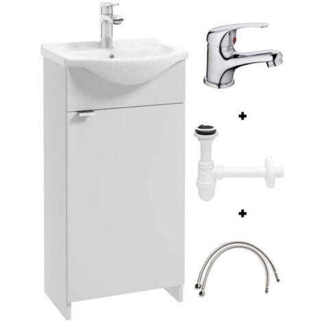 Mobile bagno con lavabo da 40 cm, freestanding, bianco, con sifone e rubinetto cromato, Kredo