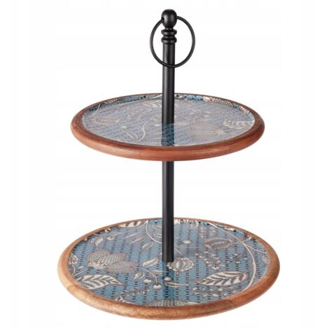 Vassoio in legno a due piani, blu, con motivo floreale, 43x30 cm (1/3)