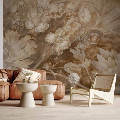 Carta da parati fotografica - Ornamenti floreali intagliati in delicate tonalità seppia e marrone / Ornamenti floreali e vegetali intagliati