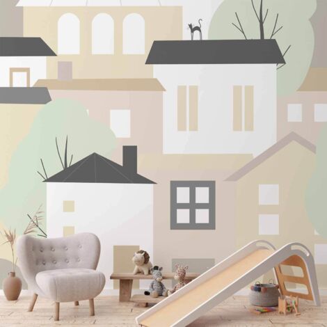 Carta da parati fotografica - Città gialla - periferia cittadina con alberi e gatti per bambini (1/5)