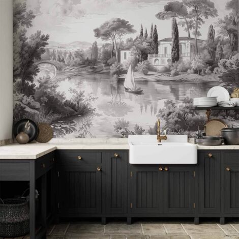 Sfondo fotografico - Paesaggio vintage in bianco e nero, vista retrò di uno stagno con una barca / Paesaggio vintage in bianco e nero con uno stagno (1/4)