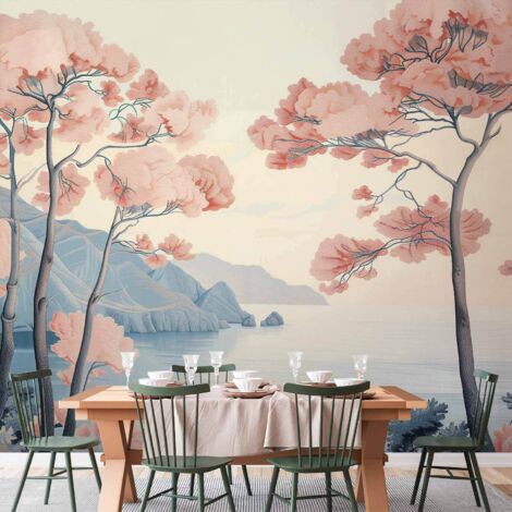 Carta da parati fotografica - Paesaggio con scogliere oceaniche e alberi in delicate tonalità di rosa / Motivo delicato con scogliere oceaniche e alberi in colori pastello (1/4)
