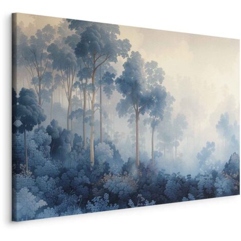Immagine - Paesaggio con alberi in stile illustrativo di una foresta blu fiabesca / Un boschetto nelle sfumature nebbiose del blu