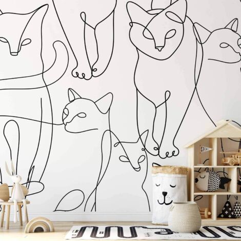 Murale da parete - Disegno di gatto - schizzi minimalisti di gatti neri su sfondo bianco (1/5)