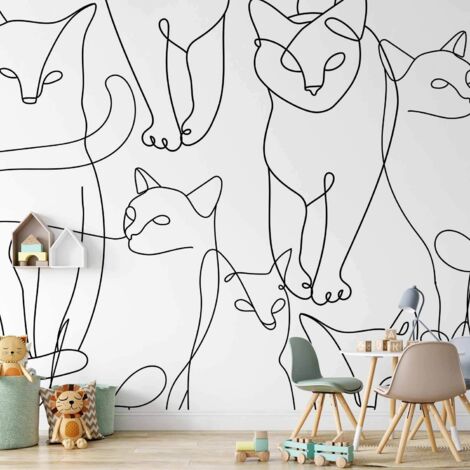 Murale da parete - Disegno di gatto - schizzi minimalisti di gatti neri su sfondo bianco (1/5)
