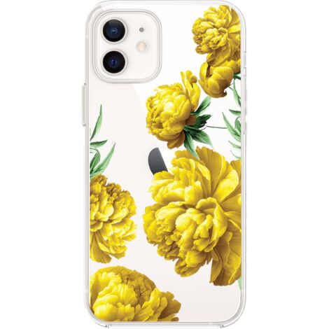 Custodia per iPhone 12 Mini, trasparente, flessibile in silicone, peonie gialle (1/5)