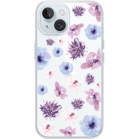 Custodia per iPhone 15, trasparente, Flexi in silicone, fiori blu e viola (1/5)