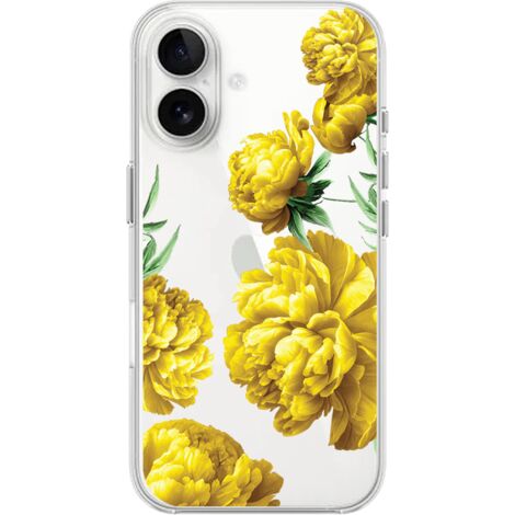 Custodia per iPhone 16 Plus, trasparente, flessibile in silicone, peonie gialle (1/5)