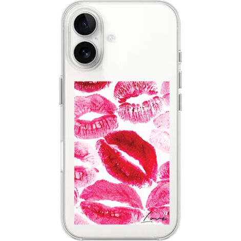 Custodia per iPhone 16, trasparente, in silicone Flexi, baci con la scritta "love" (1/5)