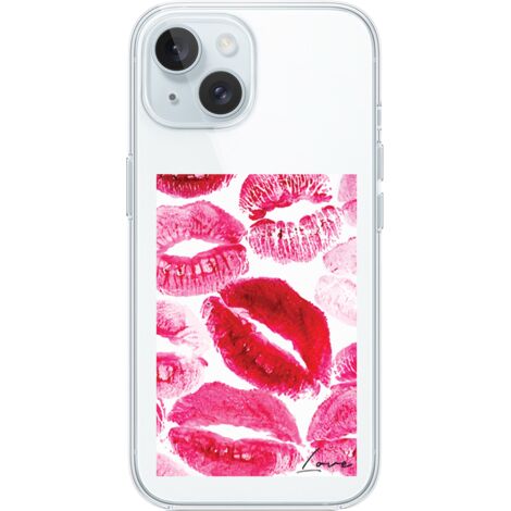 Custodia per iPhone 15, trasparente, in silicone Flexi, baci con la scritta "love" (1/5)