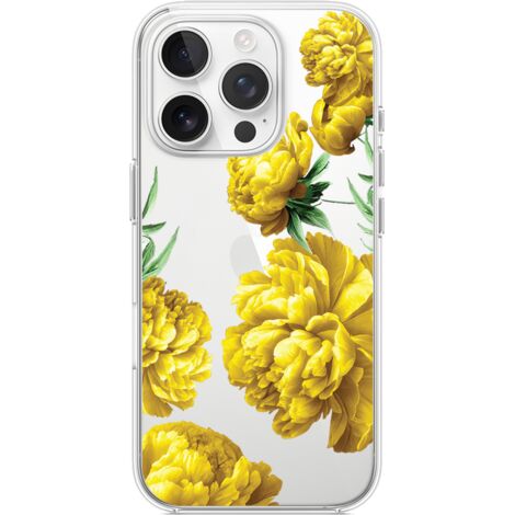 Custodia per iPhone 16 Pro, trasparente, flessibile in silicone, peonie gialle (1/5)
