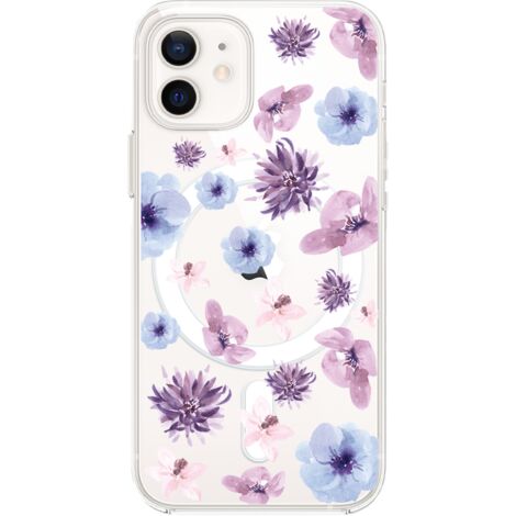 Custodia per iPhone 12 Mini con MagSafe, trasparente, flessibile in silicone, fiori blu e viola (1/5)
