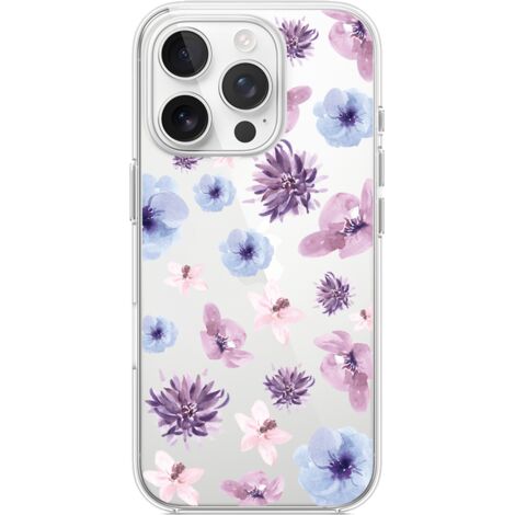 Custodia per iPhone 14 Pro Max, trasparente, flessibile in silicone, blu, fiori viola (1/5)