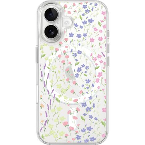 Custodia per iPhone 16 con MagSafe, trasparente, flessibile in silicone, fiori di campo (1/5)