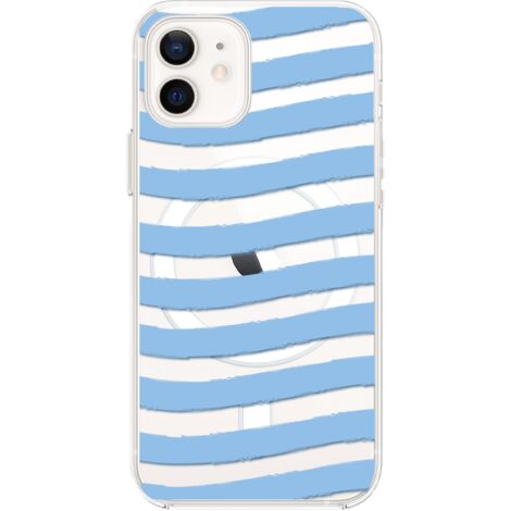 Custodia per iPhone 12 con MagSafe, trasparente, flessibile in silicone, strisce blu (1/5)