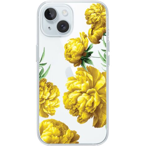 Custodia per iPhone 15 Plus, trasparente, flessibile in silicone, peonie gialle (1/5)